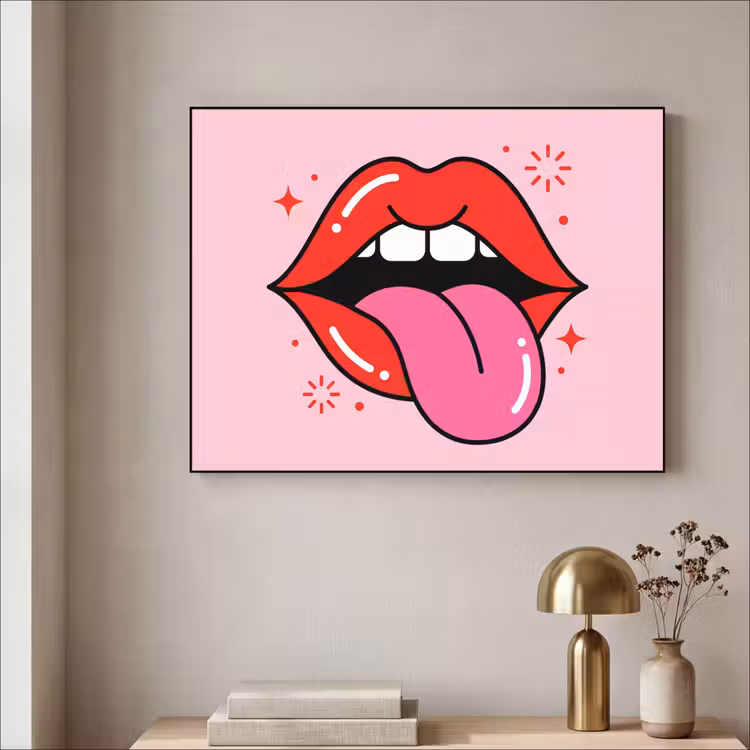 Lippen - Tong - Pop-art - Kleurrijk - Roze Textielframe zwart klein -sfeer2
