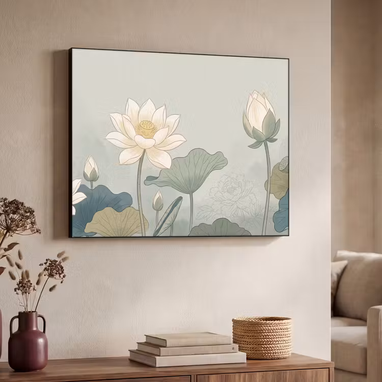 Lotus - Bloemen - Groen Textielframe zwart klein -sfeer3