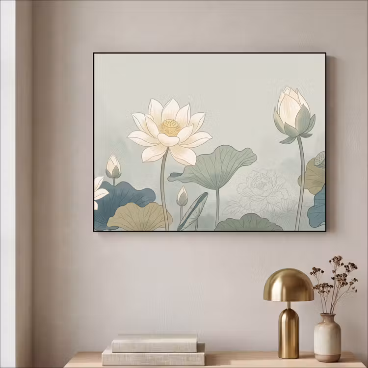 Lotus - Bloemen - Groen Textielframe zwart klein -sfeer2