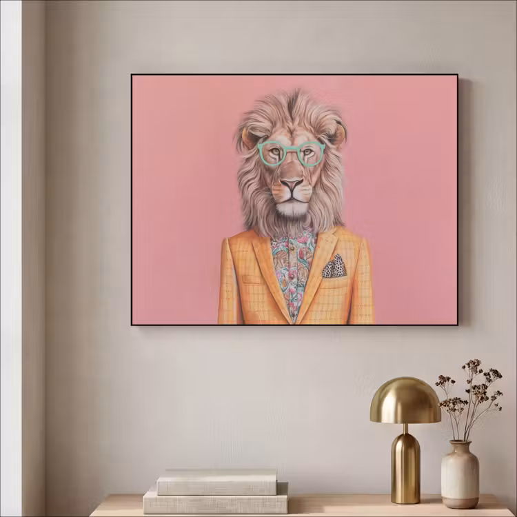 Leeuw - Pak - Geruit - Bril Textielframe zwart klein -sfeer2