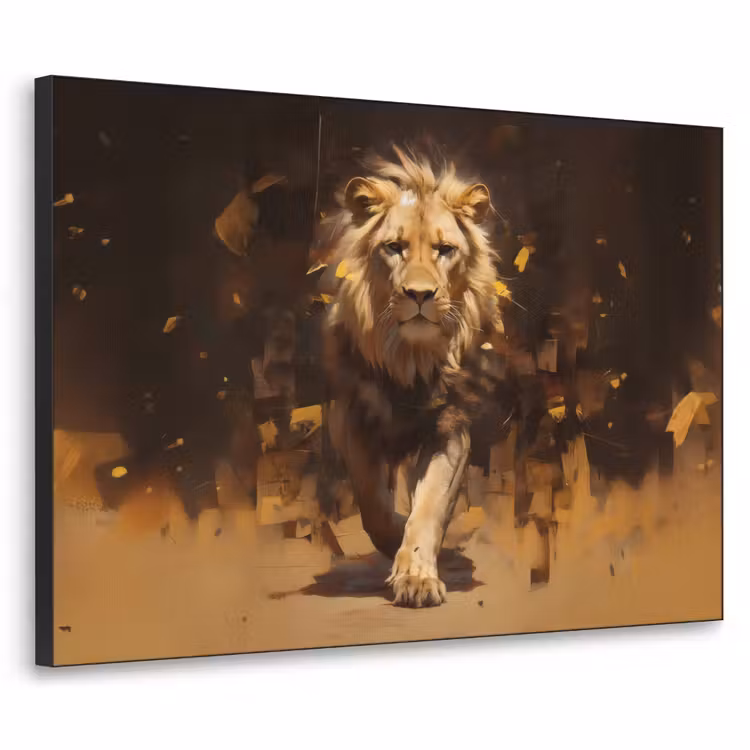 Leeuw - Geschilderd - Abstract - Goud Textielframe zwart klein -3d