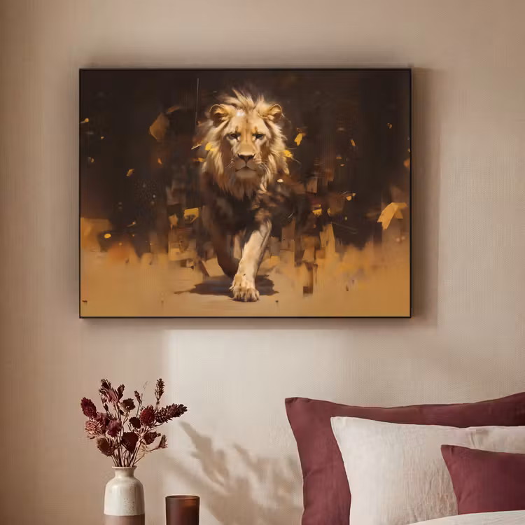 Leeuw - Geschilderd - Abstract - Goud Textielframe - compleet frame klein -sfeer1