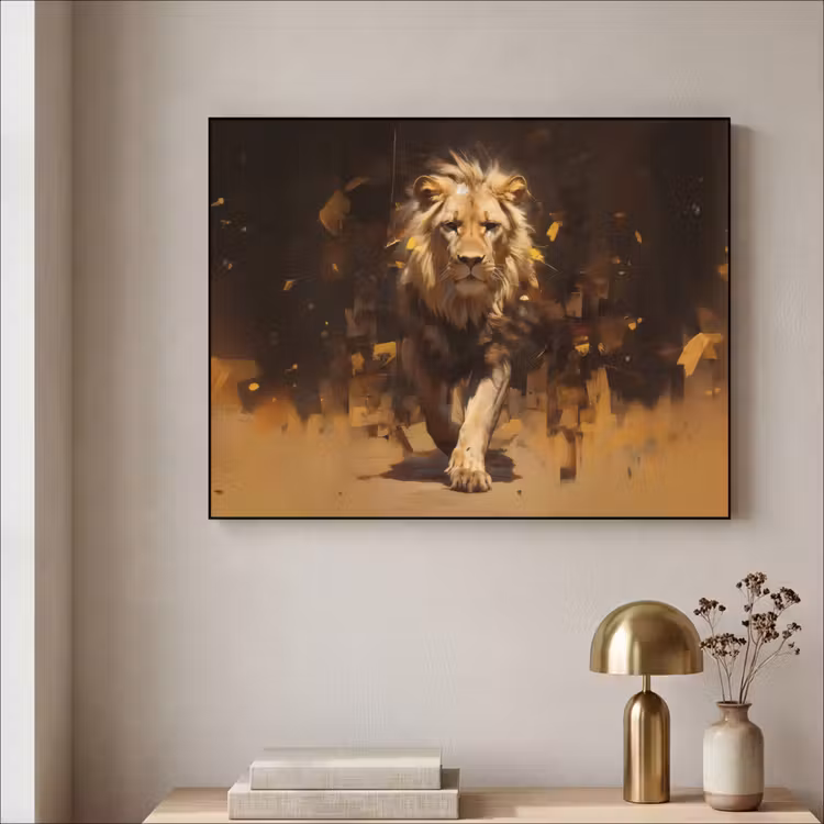 Leeuw - Geschilderd - Abstract - Goud Textielframe zwart klein -sfeer2