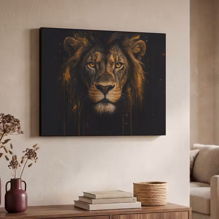Leeuw - Goud - Druppels Textielframe zwart klein -sfeer3