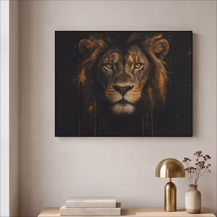 Leeuw - Goud - Druppels Textielframe zwart klein -sfeer2