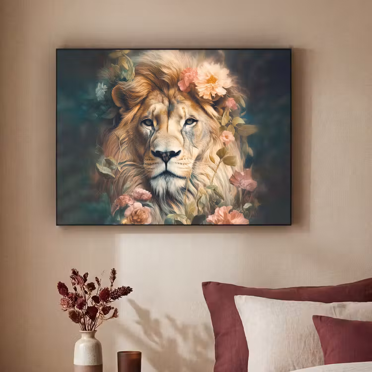 Leeuw - Leeuwenkop - Wilde dieren - Bloemen Textielframe zwart klein -sfeer1