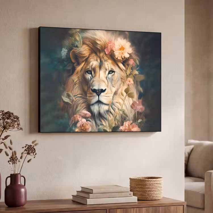 Leeuw - Leeuwenkop - Wilde dieren - Bloemen Textielframe zwart klein -sfeer3