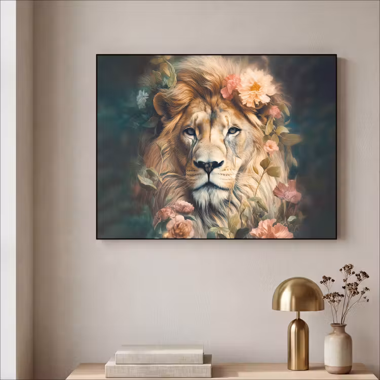 Leeuw - Leeuwenkop - Wilde dieren - Bloemen Textielframe zwart klein -sfeer2