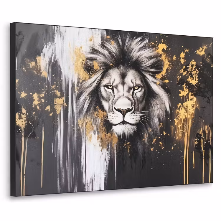 Leeuw - Portret - Verfspatten - Grijs Textielframe zwart klein -3d