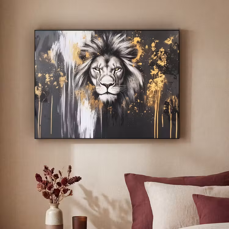 Leeuw - Portret - Verfspatten - Grijs Textielframe - compleet frame klein -sfeer1