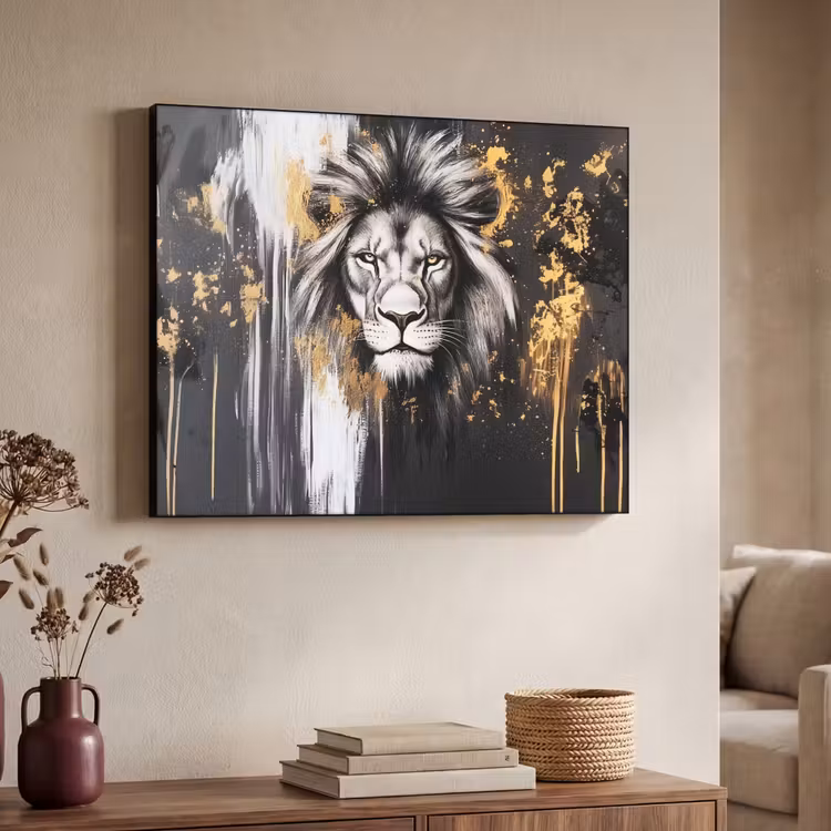 Leeuw - Portret - Verfspatten - Grijs Textielframe zwart klein -sfeer3