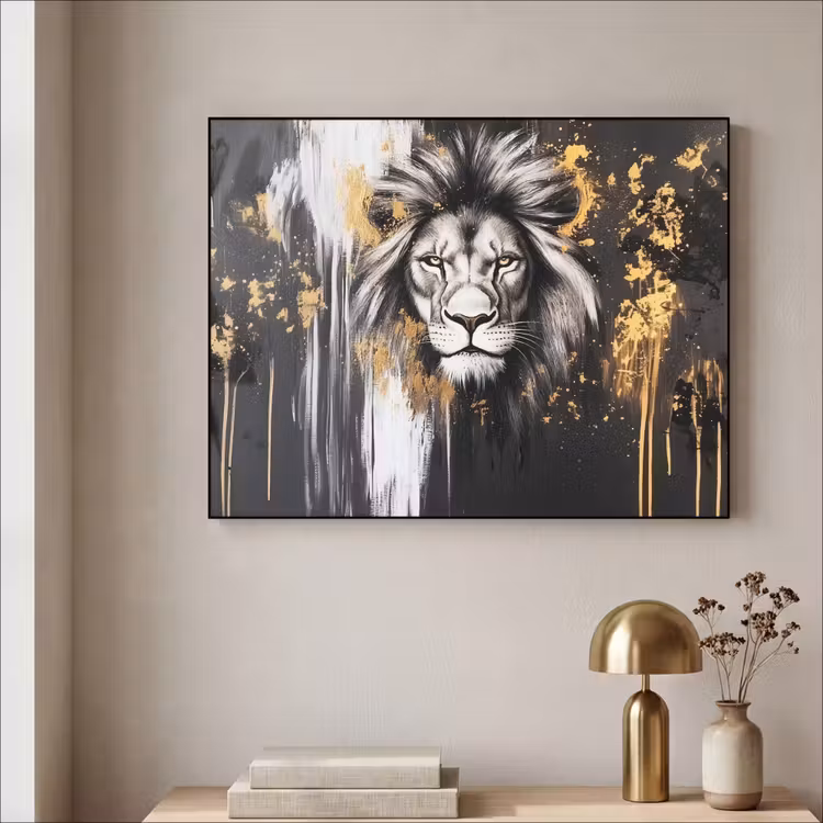 Leeuw - Portret - Verfspatten - Grijs Textielframe - compleet frame klein -sfeer2