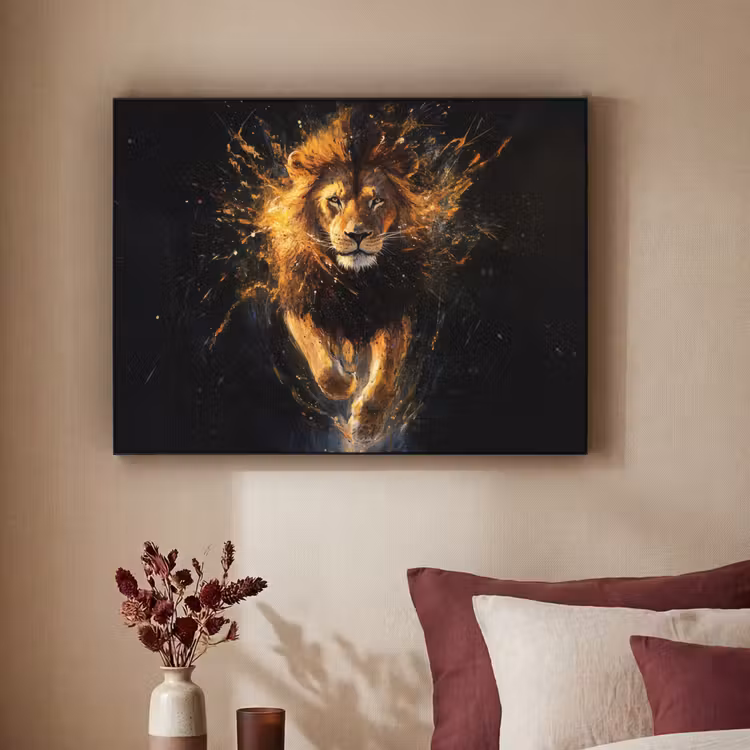 Leeuw - Zwart - Oranje - Verf Textielframe - compleet frame klein -sfeer1