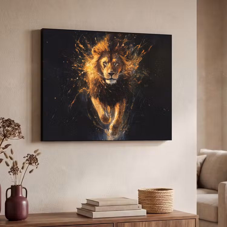 Leeuw - Zwart - Oranje - Verf Textielframe - compleet frame klein -sfeer3
