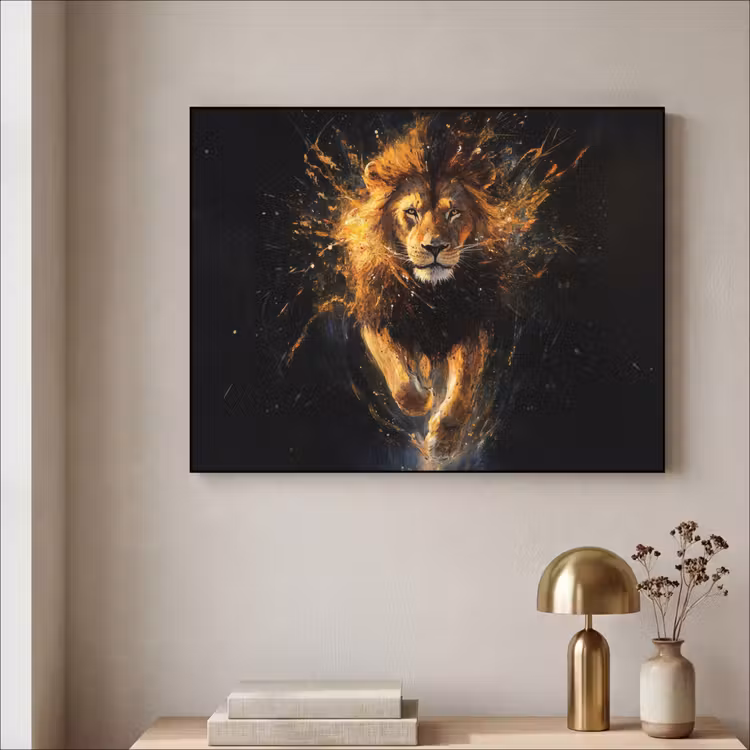 Leeuw - Zwart - Oranje - Verf Textielframe - compleet frame klein -sfeer2