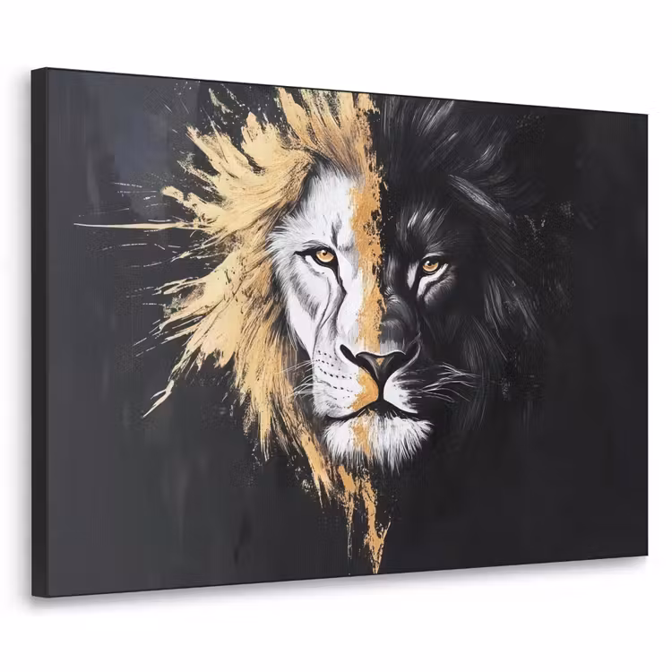 Leeuw - Gesplitst - Zwart - Lijn Textielframe - compleet frame klein -3d
