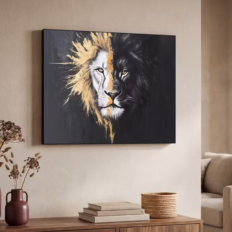 Leeuw - Gesplitst - Zwart - Lijn Textielframe zwart klein -sfeer3