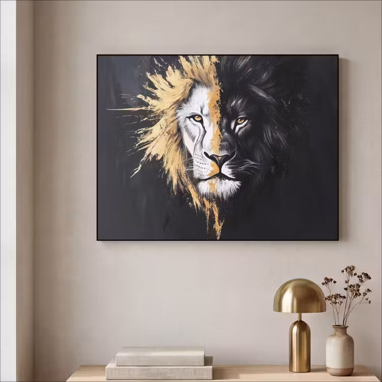 Leeuw - Gesplitst - Zwart - Lijn Textielframe - compleet frame klein -sfeer2
