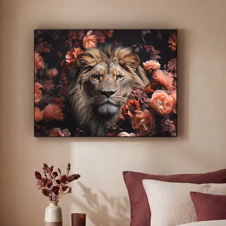 Leeuw - Dier - Natuur - Botanisch - Bloemen - Roze Textielframe zwart klein -sfeer1