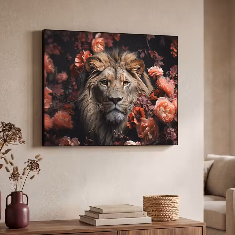 Leeuw - Dier - Natuur - Botanisch - Bloemen - Roze Textielframe zwart klein -sfeer3