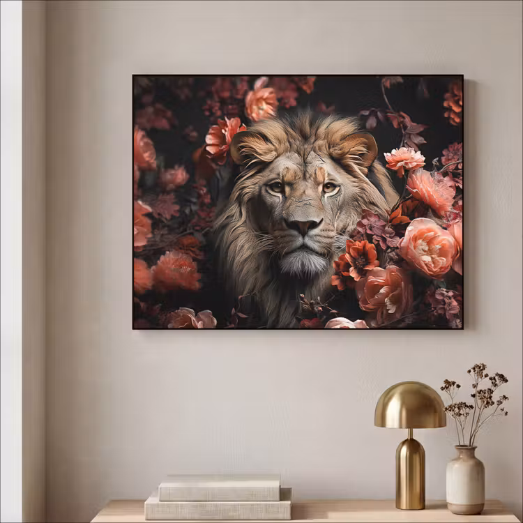Leeuw - Dier - Natuur - Botanisch - Bloemen - Roze Textielframe zwart klein -sfeer2