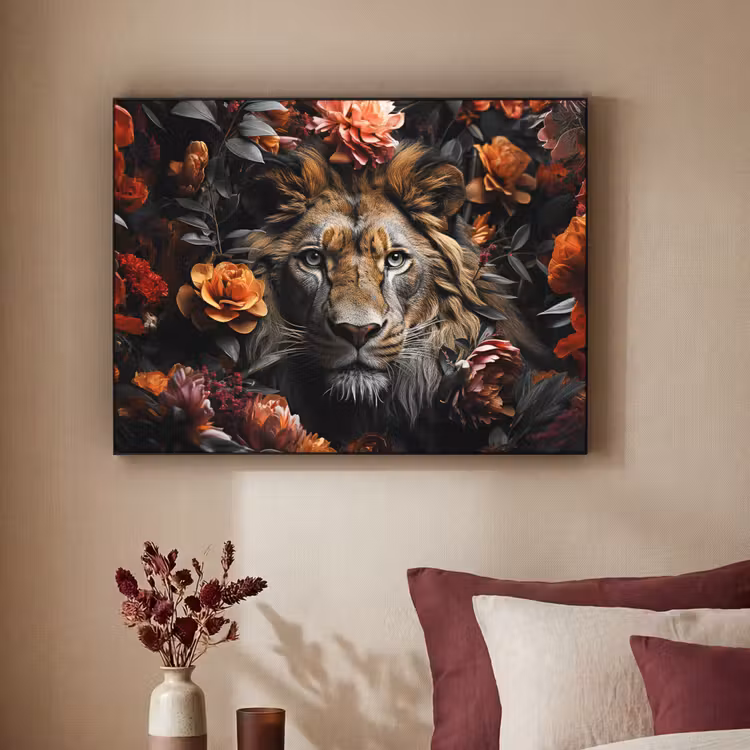 Leeuw - Dier - Natuur - Bloemen - Botanisch Textielframe zwart klein -sfeer1