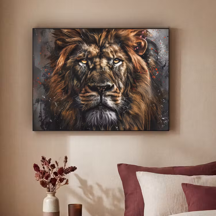 Leeuw - Dieren - Portret - Zwart - Luxe Textielframe - compleet frame klein -sfeer1