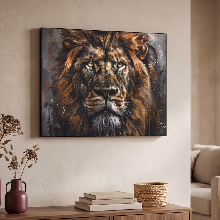 Leeuw - Dieren - Portret - Zwart - Luxe Textielframe zwart klein -sfeer3