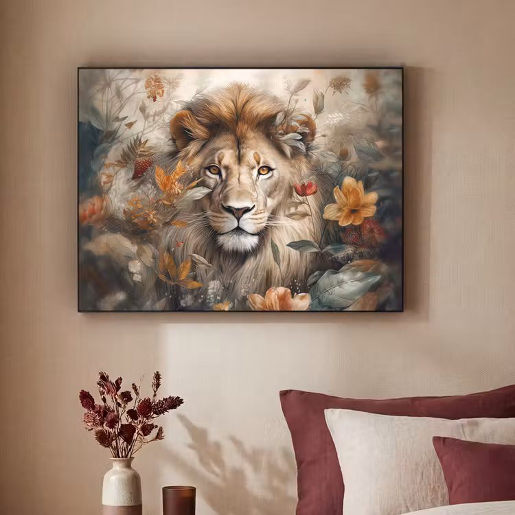 Leeuw - Wilde dieren - Planten - Natuur - Bloemen Textielframe zwart klein -sfeer1