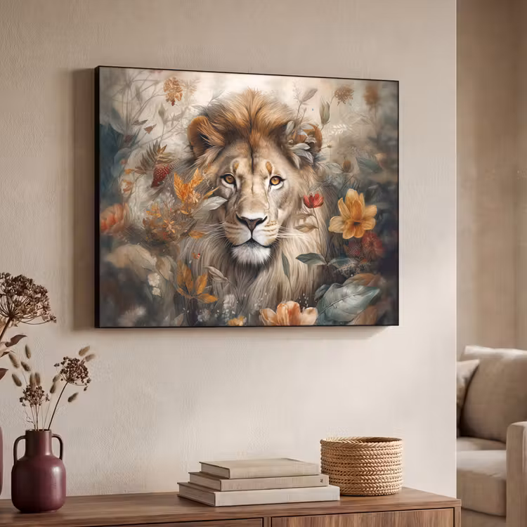 Leeuw - Wilde dieren - Planten - Natuur - Bloemen Textielframe zwart klein -sfeer3