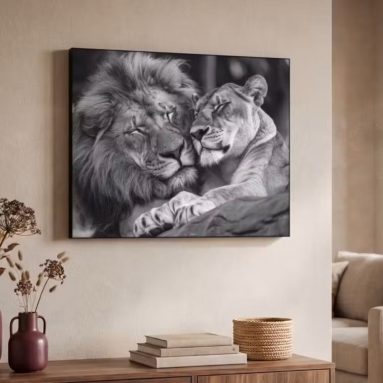Leeuwen - Dieren - Zwart - Wit - Leeuw Textielframe - compleet frame klein -sfeer3