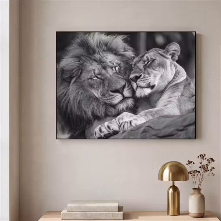 Leeuwen - Dieren - Zwart - Wit - Leeuw Textielframe - compleet frame klein -sfeer2