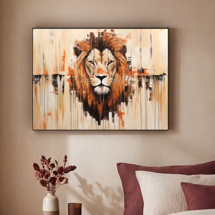 Leeuwenkop - Lijnen - Crème Textielframe zwart klein -sfeer1