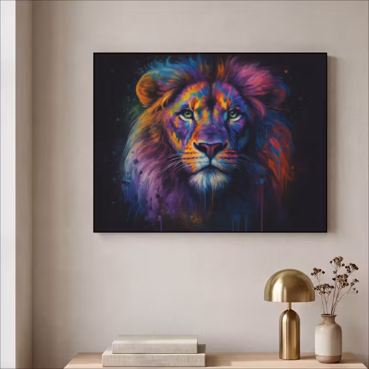Leeuwenkop - Felgekleurd - Abstract Textielframe - compleet frame klein -sfeer2