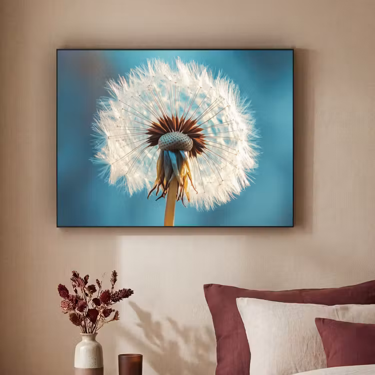 Paardenbloem - Natuur - Bloemen - Blauw Textielframe zwart klein -sfeer1