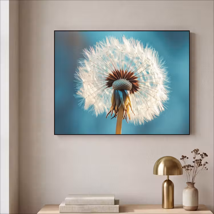 Paardenbloem - Natuur - Bloemen - Blauw Textielframe - compleet frame klein -sfeer2