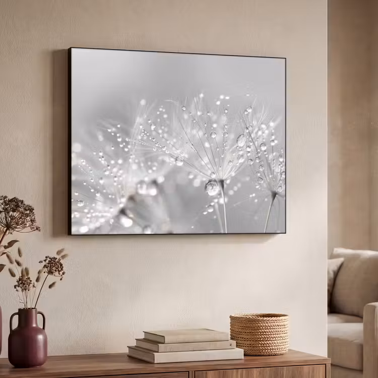 Paardenbloem - Waterdruppels - Stilleven - Modern Textielframe zwart klein -sfeer3