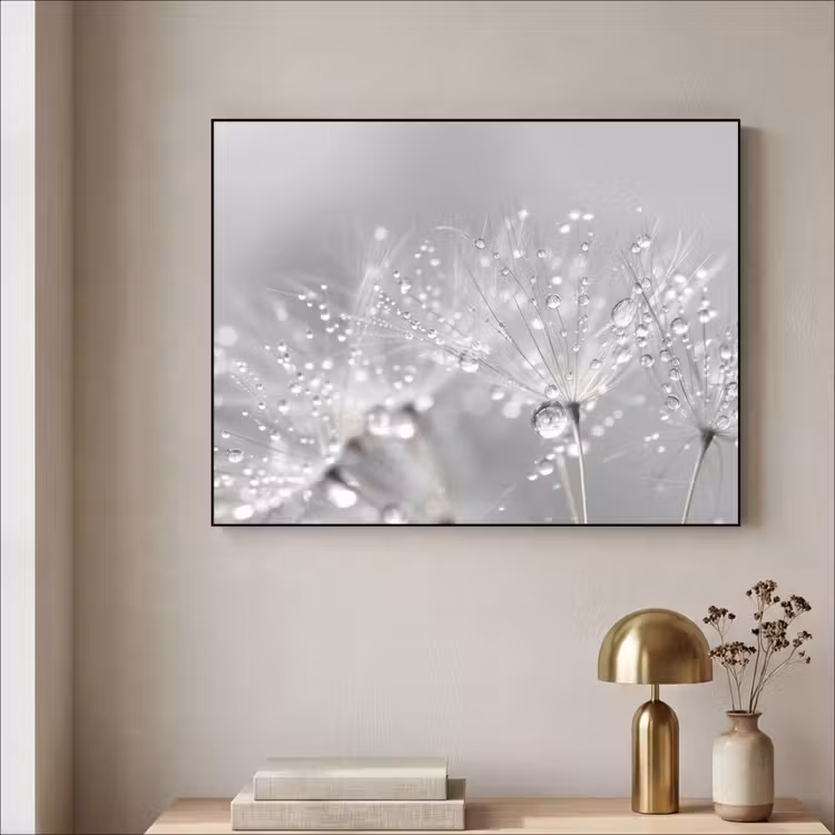 Paardenbloem - Waterdruppels - Stilleven - Modern Textielframe - compleet frame klein -sfeer2
