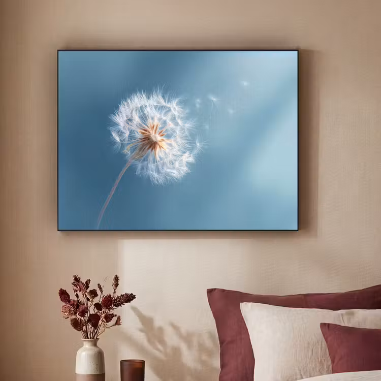 Paardenbloem - Wind - Blauw Textielframe zwart klein -sfeer1