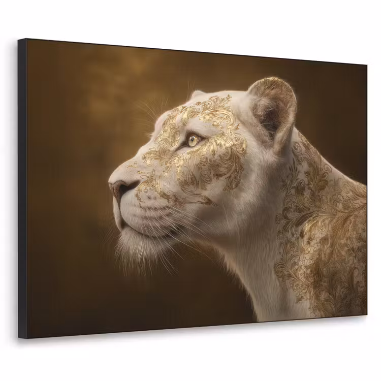 Leeuwin - Bloemen - Wit - Goud Textielframe - compleet frame klein -3d