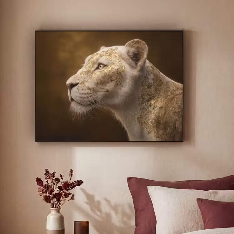 Leeuwin - Bloemen - Wit - Goud Textielframe zwart klein -sfeer1
