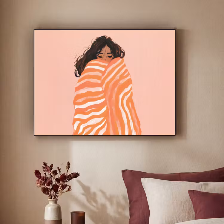 Meisje - Deken - Gestreept - Oranje Textielframe zwart klein -sfeer1