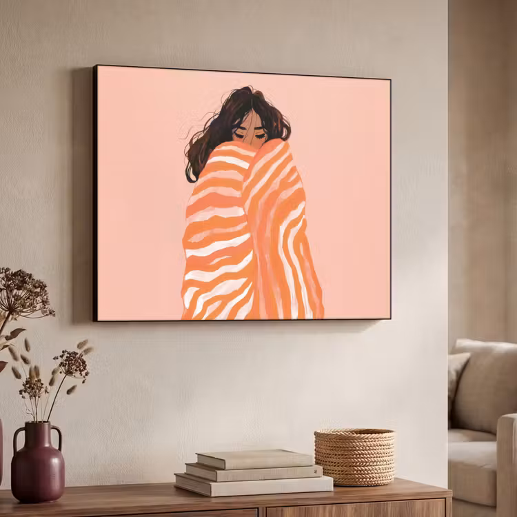 Meisje - Deken - Gestreept - Oranje Textielframe zwart klein -sfeer3