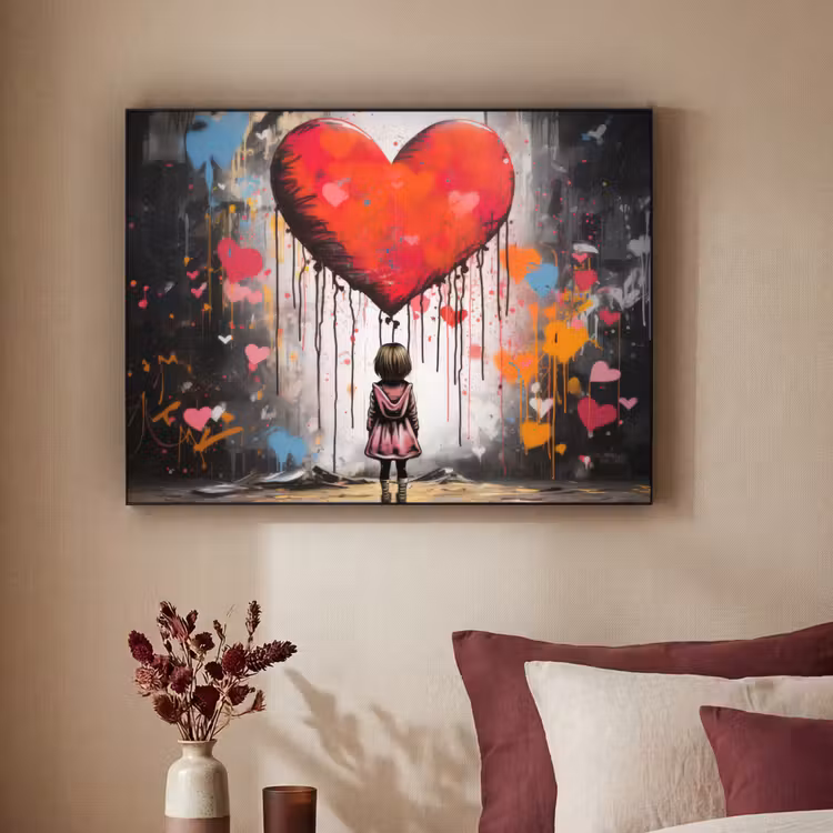 Meisje - Hart - Graffiti - Kunst - Kleuren - Rood Textielframe zwart klein -sfeer1