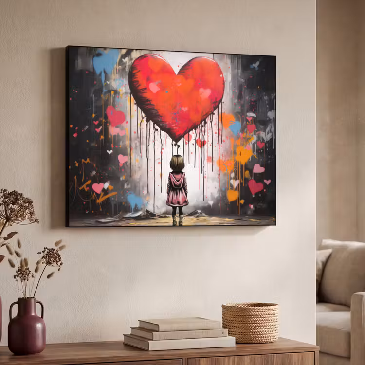 Meisje - Hart - Graffiti - Kunst - Kleuren - Rood Textielframe zwart klein -sfeer3