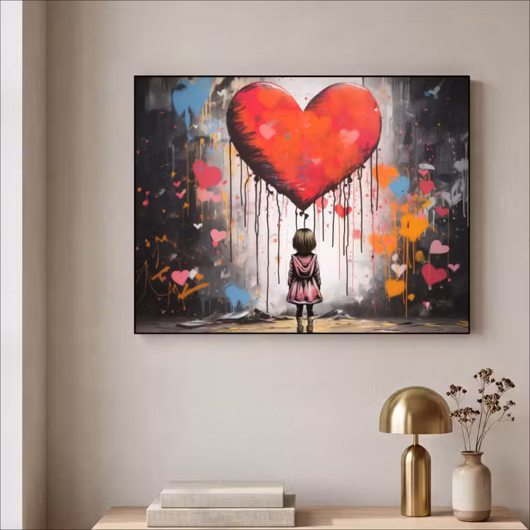 Meisje - Hart - Graffiti - Kunst - Kleuren - Rood Textielframe zwart klein -sfeer2