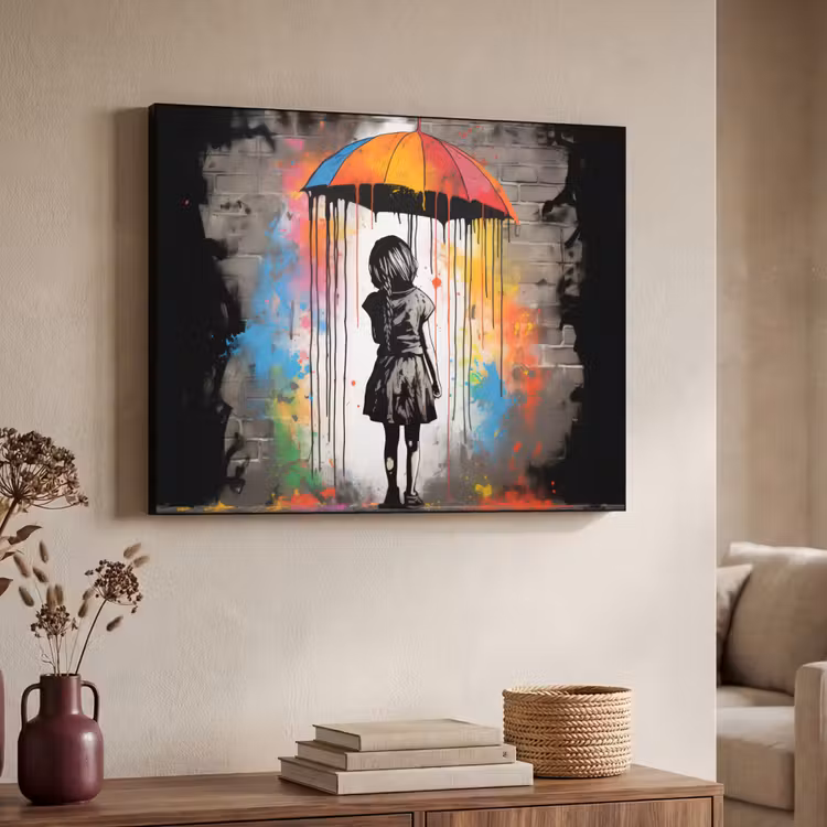 Meisje - Kunst - Paraplu - Graffiti - Kleuren - Muur Textielframe zwart klein -sfeer3