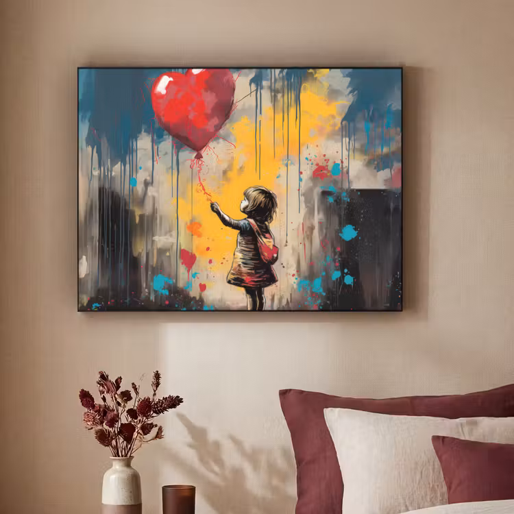 Meisje - Ballon - Hart - Graffiti Textielframe zwart klein -sfeer1