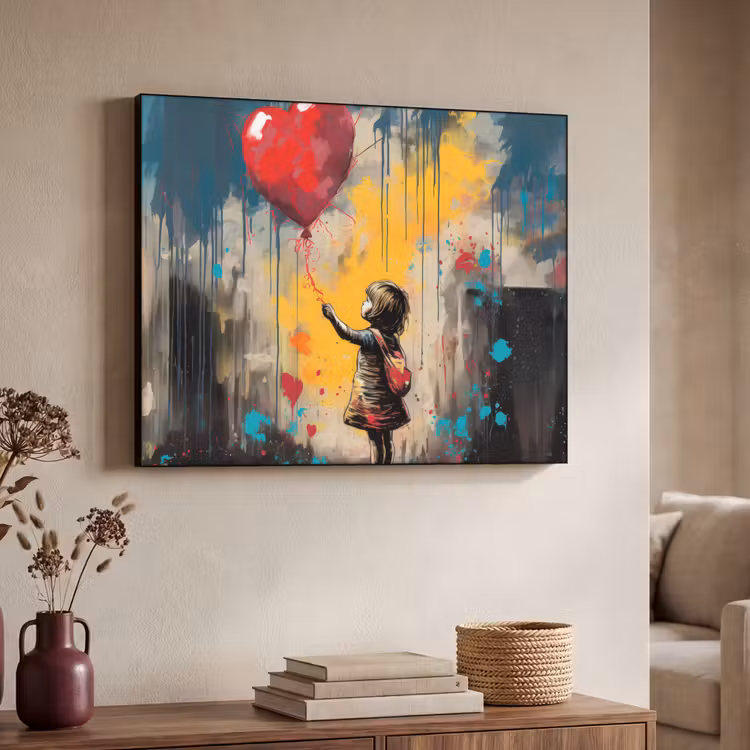 Meisje - Ballon - Hart - Graffiti Textielframe zwart klein -sfeer3