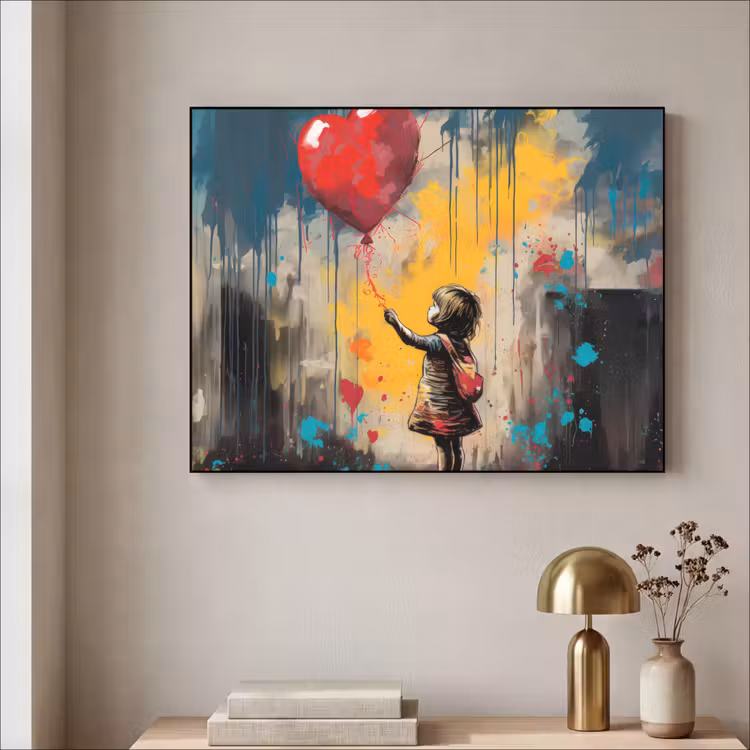Meisje - Ballon - Hart - Graffiti Textielframe zwart klein -sfeer2